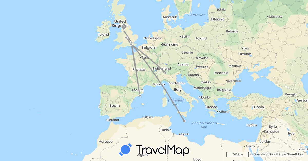 TravelMap itinerary: driving, plane in Spain, United Kingdom, Italy, Malta (Europe)